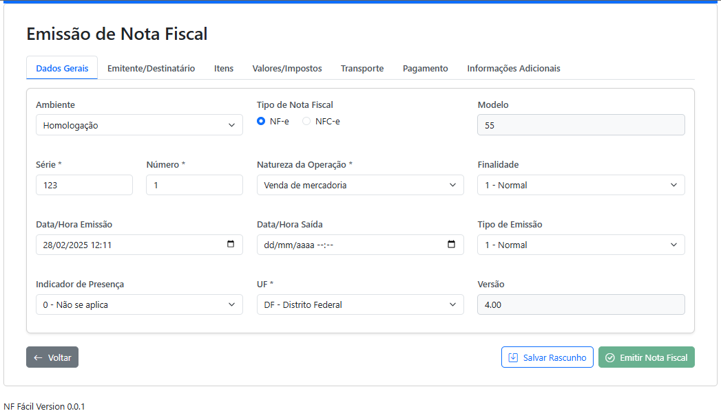 Tela de Emissão de NF-e